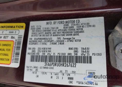 2017 Ford Fusion Hybrid Titanium z USA, uszkodzony, nr VIN 3FA6P0RU0HR267622